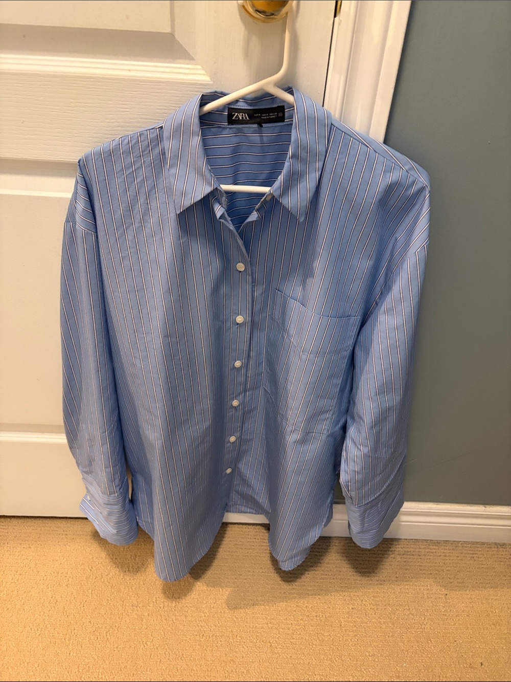 Zara Light Blue Striped Dress Shirt with White and Red Pinstripes